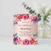 Birthday floral roos gold roze budget uitnodiging (Staand voorkant)