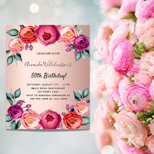 Birthday floral roos gold roze budget uitnodiging flyer