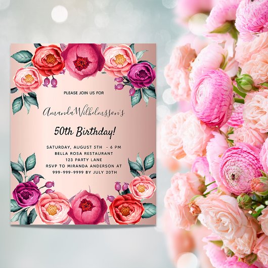 Birthday floral roos gold roze budget uitnodiging flyer