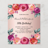 Birthday floral roos gold roze budget uitnodiging flyer (Voorkant)