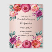 Birthday floral roos gouden roze magneten uitnodig (Voorkant)