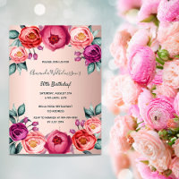 Birthday floral roos gouden roze magneten uitnodig