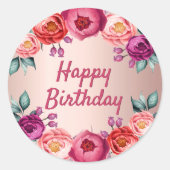 Birthday floral roos goudkleurig roze paars ronde sticker (Voorkant)