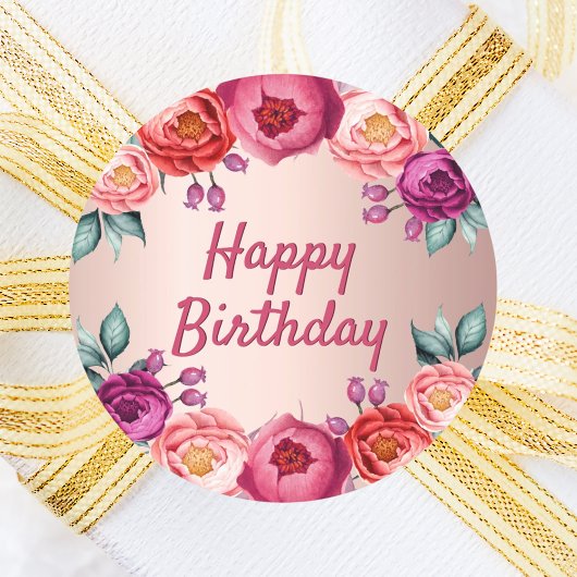 Birthday floral roos goudkleurig roze paars ronde sticker