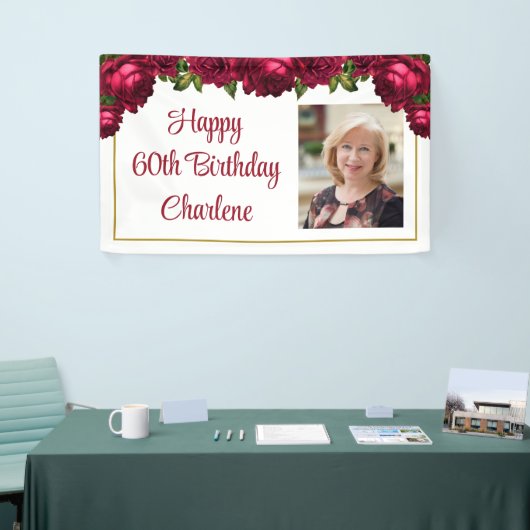 Birthday Floral Rozen Foto script op maat Spandoek (Beurs)