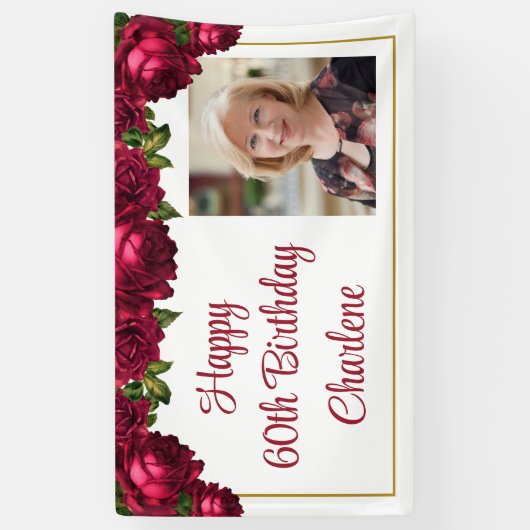 Birthday Floral Rozen Foto script op maat Spandoek (Verticaal)