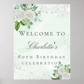 Birthday floral Silver glitter greenery Welkom Poster (Voorkant)