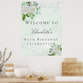 Birthday floral Silver glitter greenery Welkom Poster (Keuken)