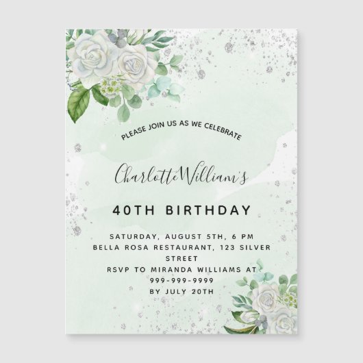 Birthday floral Silver greenery nodigmagnet uit (Voorkant)