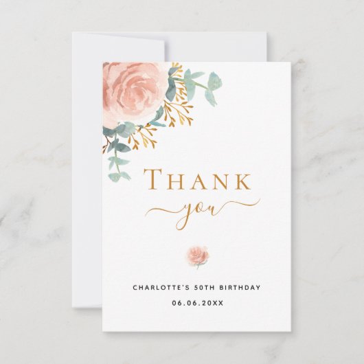 Birthday florale eucalyptus greenery roos goudroze bedankkaart (Voorkant)