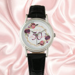 Birthday florals witte geometrische bogundy-naam horloge<br><div class="desc">Een geschenk of keepomwille voor een 50e of om het even welke leeftijdsverjaardag. Een witte hoofdachtergrond met een vals goud geometrisch lijst. Gedemoreerd met donkere paarse en bruine bloemen, rozen en boho-veren. Sjablonen voor een naam, leeftijd en datum. Geboortedatum of -datum van de partij. De naam wordt geschreven met een...</div>