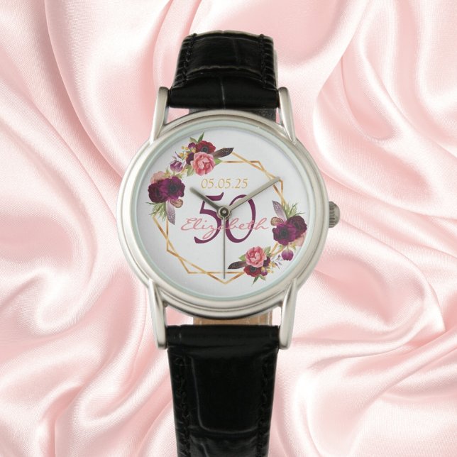 Birthday florals witte geometrische bogundy-naam horloge (Creator heeft geüpload)