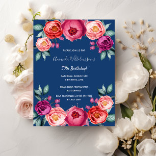Birthday florblauw roos goudroze uitnodiging