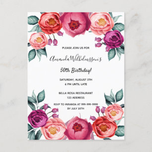 Birthday florroze paars roos gouduitnodiging briefkaart