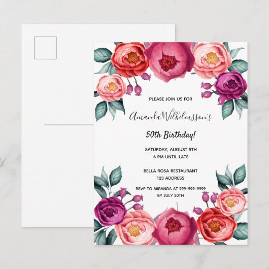 Birthday florroze paars roos gouduitnodiging briefkaart (Voorkant / Achterkant)