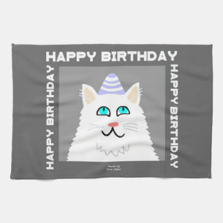 Birthday Fluffy White Cat Kitchen Towel Theedoek