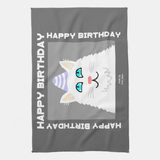 Birthday Fluffy White Cat Kitchen Towel Theedoek (Verticaal)