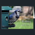 Birthday for Birth Son Blue Jay on Bird Feeder<br><div class="desc">Op deze verjaardagskaart staat een Blue Jay bij een vogelaanvoer voor een geboren zoon. Een geweldige kaart voor de vogelobservateur in je leven. Afbeelding en vers copyright © Shoaff Ballanger Studios.</div>
