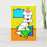 Birthday for Brother, White Poodle on Kussens Kaart<br><div class="desc">Een witte standaardpoedel draagt een verjaardagscollar en een pet. Er hangt een "My Bro is the Best"-teken aan de muur. De hond zit op kleurrijke kussens. Gezelschapsdier/dier met de naam broertje wenskaart. Stationele kop met dank aan theobroma/OpenClipArt. Afbeelding en vers copyright ©Shoaff Ballanger Studios.</div>