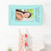 Birthday Foto Aqua Blue Blauwgroen Script Girly Spandoek (Insitu)