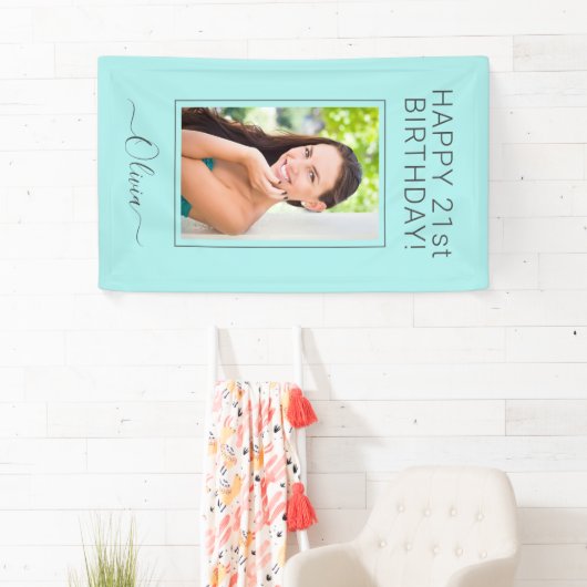 Birthday Foto Aqua Blue Blauwgroen Script Girly Spandoek (Insitu)