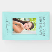Birthday Foto Aqua Blue Blauwgroen Script Girly Spandoek (Horizontaal)
