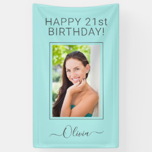 Birthday Foto Aqua Blue Blauwgroen Script Girly Spandoek