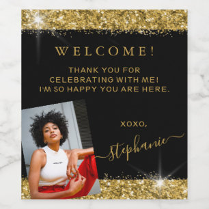 Birthday Foto Black Gold Glitter Welkom Wijn Etiket