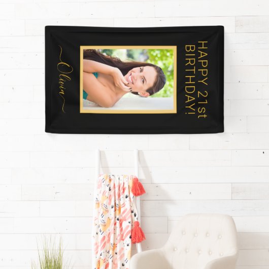 Birthday Foto Black Gold Script Girly Spandoek (Insitu)
