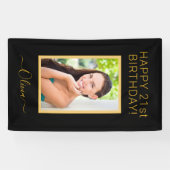 Birthday Foto Black Gold Script Girly Spandoek (Horizontaal)