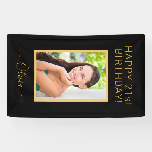 Birthday Foto Black Gold Script Girly Spandoek (Horizontaal)