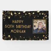 Birthday Foto Black Gold Stars Aangepaste kleur Spandoek (Horizontaal)