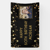 Birthday Foto Black Gold Stars Aangepaste kleur Spandoek (Verticaal)