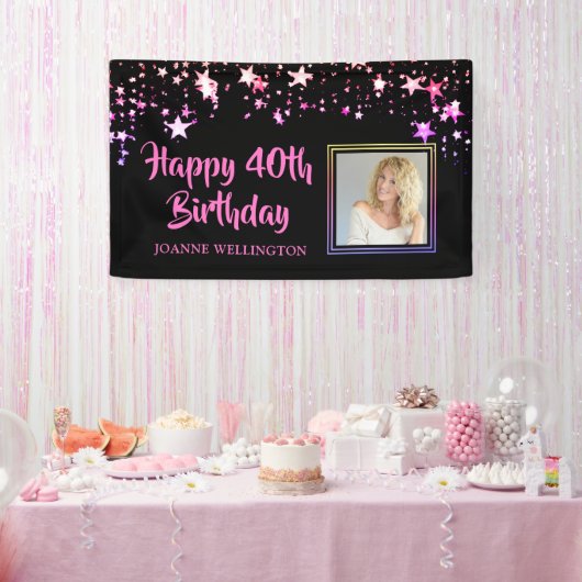 Birthday Foto Black Pink Stars gepersonaliseerd Spandoek (Feest)