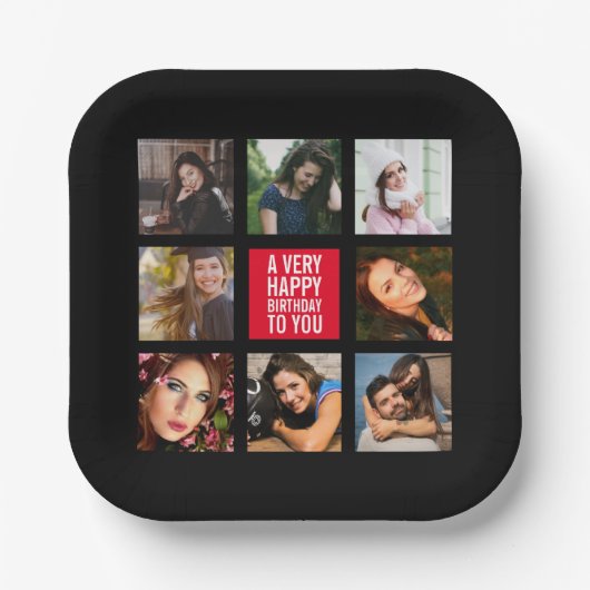 Birthday Foto Collage Black en Red Papieren Bordje (Voorkant)