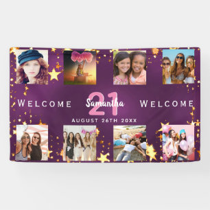 Birthday foto collage paars goudmonogram spandoek