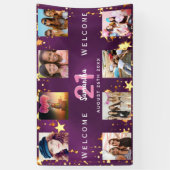 Birthday foto collage paars goudmonogram spandoek (Verticaal)