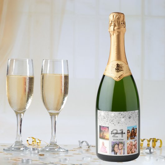 Birthday foto collage zilverglitter monogram sparkling wijnetiket