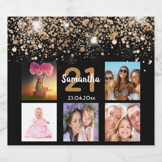 Birthday foto collage zwarte goudglitter naam sparkling wijnetiket (Enkel label)