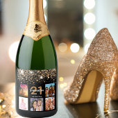 Birthday foto collage zwarte goudglitter naam sparkling wijnetiket