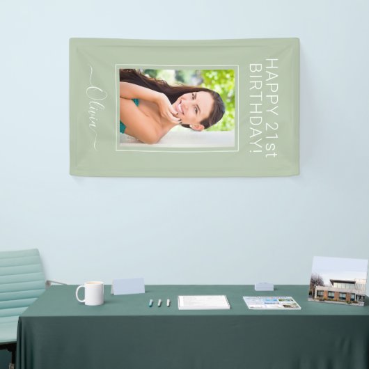 Birthday Foto Green Sage Script Girly Spandoek (Beurs)