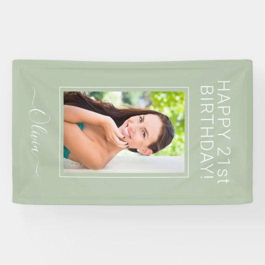 Birthday Foto Green Sage Script Girly Spandoek (Horizontaal)