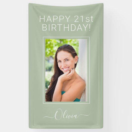 Birthday Foto Green Sage Script Girly Spandoek (Verticaal)