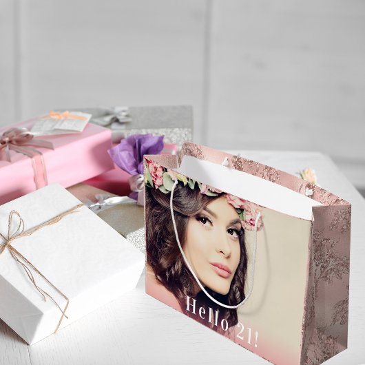 Birthday foto hallo 21 roos goudglitter groot cadeauzakje