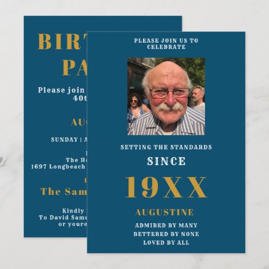 Birthday Foto Naam legant Blue Gold Kaart (Voorkant / Achterkant)