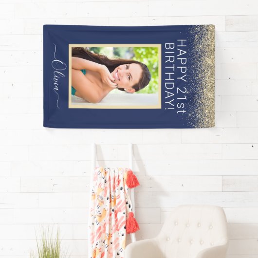 Birthday Foto Navy Blue Gold Glitter Girly Spandoek (Insitu)