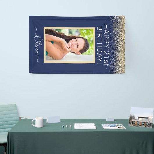 Birthday Foto Navy Blue Gold Glitter Girly Spandoek (Beurs)