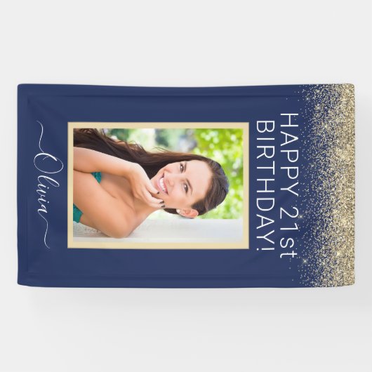 Birthday Foto Navy Blue Gold Glitter Girly Spandoek (Horizontaal)