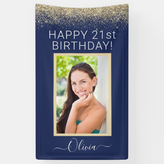 Birthday Foto Navy Blue Gold Glitter Girly Spandoek (Verticaal)
