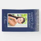 Birthday Foto Navy Blue Silver Glitter Girly Spandoek (Horizontaal)